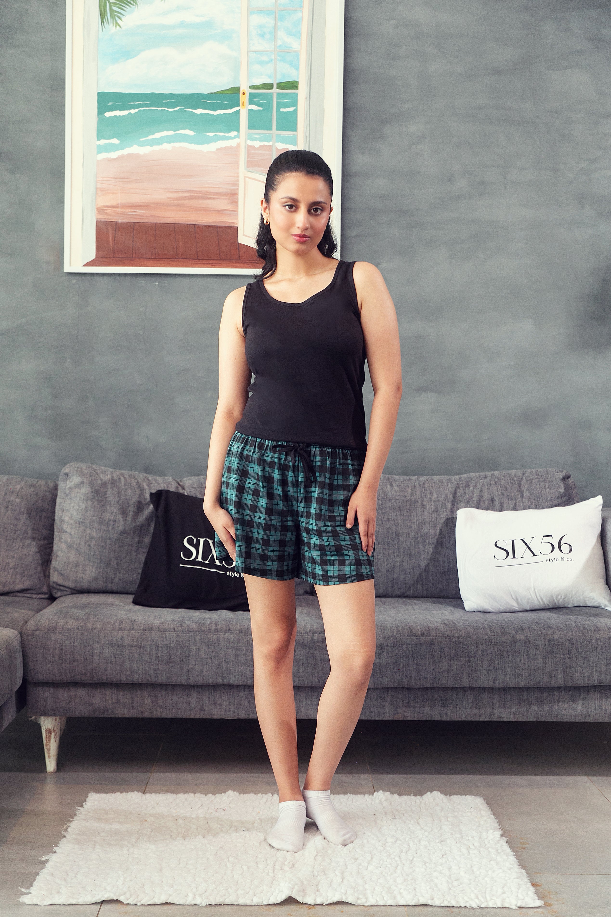Black and Green Check Shorts Set - Women